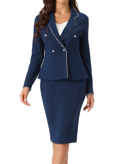 Allegra K- 2 Pieces Suit Tweed Trim Blazer Jacket and Skirt Set