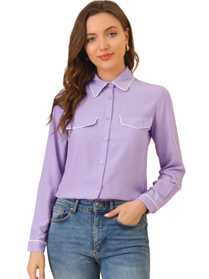 Allegra K - Elegant Long Sleeve Point Collar Shirt