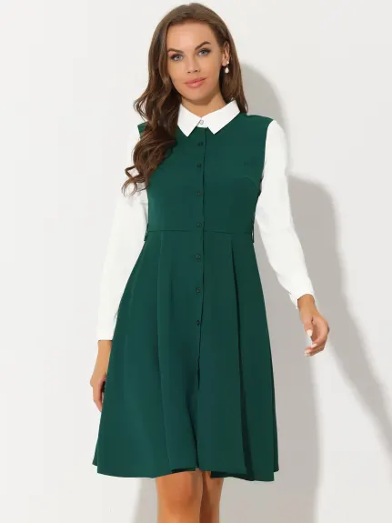 Allegra K- Button Front Dress Long Sleeve Contrast Collar Shirtdress