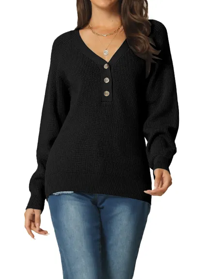 Allegra K- V Neck Button Down Ribbed Knit Pullover Top