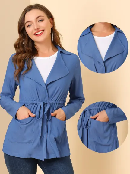 Allegra K - Thin Lightweight Drawstring Chambray Jacket