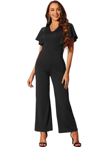 Allegra K - Ruffle Short Sleeve Fitted Wide Leg Jumpsuit