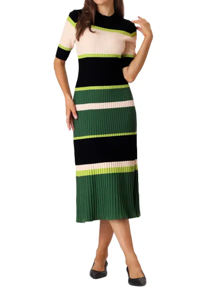 Hobemty- Short Sleeve Striped Knit A-Line Midi Dress