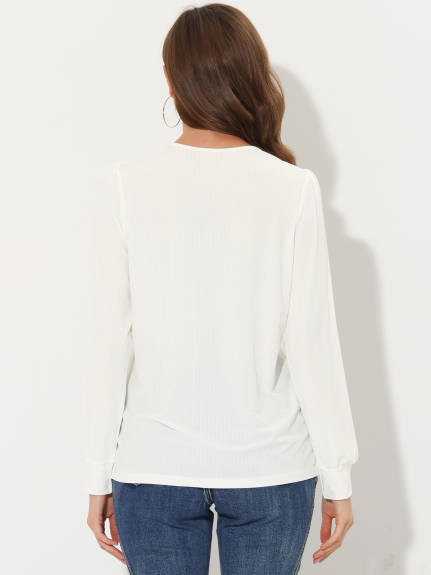 Allegra K - Long Sleeve Textured Keyhole Tops