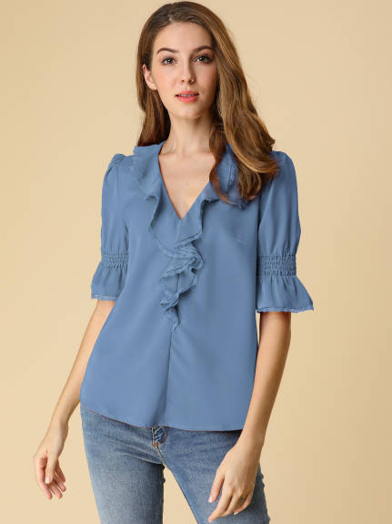 Allegra K- Ruffled V Neck Puff Elbow Sleeve Chiffon Blouse