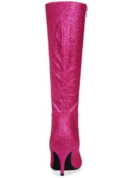 Allegra K - Glitter Stiletto Heel Knee High Boots