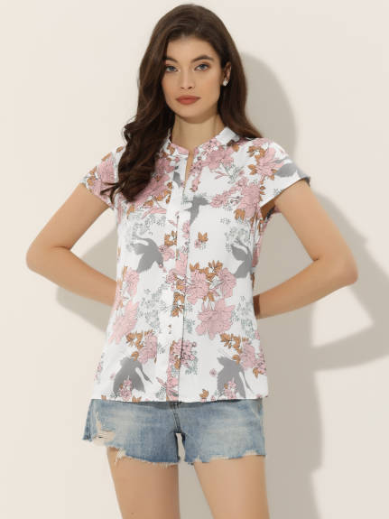 Allegra K- Satin Floral Cap Sleeve Blouse