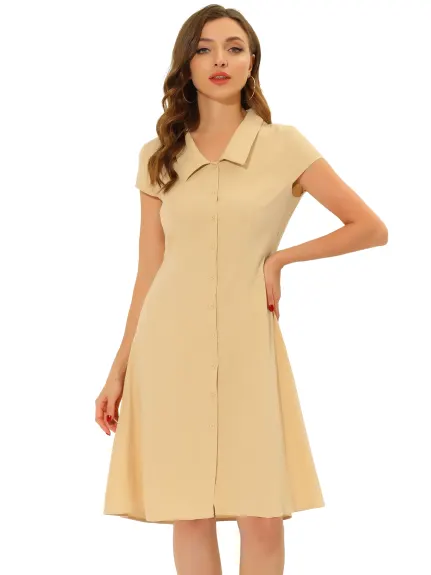 Allegra K- Cap Sleeve Cotton Collar Midi Button Down Dress