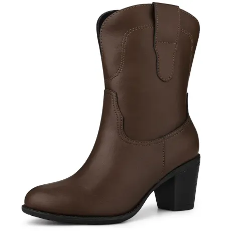 Allegra K - Mid Calf Round Toe Slip-on Cowboy Boots