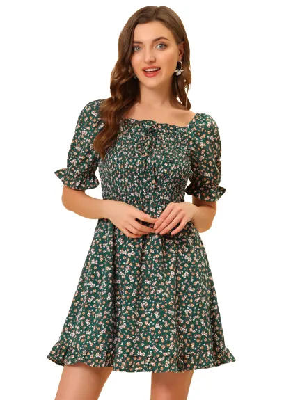 Allegra K- Puff Sleeve Square Neck Ruffled Hem Floral Smocked Dress