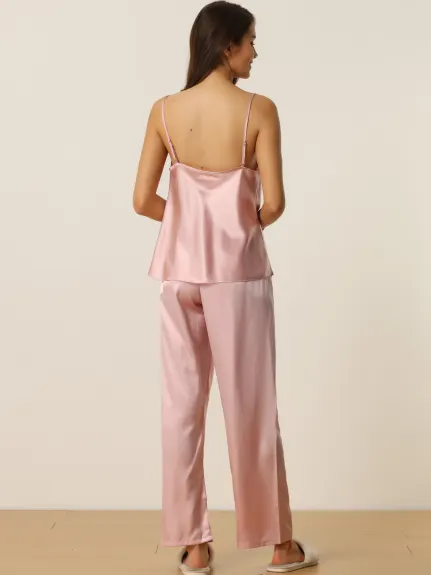 cheibear - Cowl Neck Cami Top with Pants Satin PJs Set