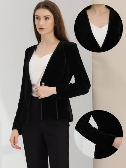 Allegra K- Collarless 1 Button Velvet Blazer