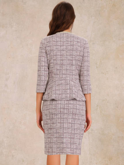 Allegra K - 3/4 Sleeve Tweed Blazer Pencil Skirt Business Suit