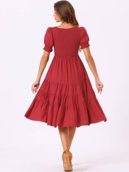 Allegra K- Peasant Smocked Short Sleeve Midi Tiered A-Line Dress