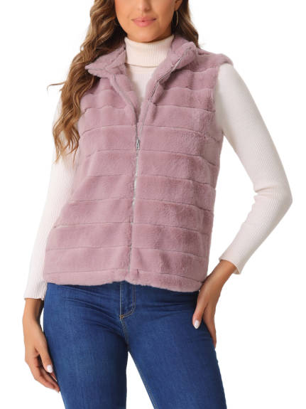 Allegra K - Sleeveless Winter Zip-Up Faux Fur Jacket