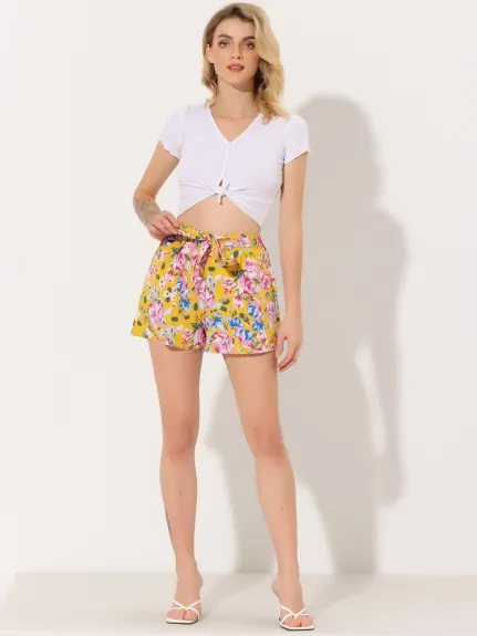 Allegra K - Printed Elastic Tie Waist Summer Beach Shorts