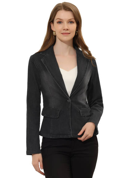 Allegra K- Notched Lapel One Button Washed Denim Blazer