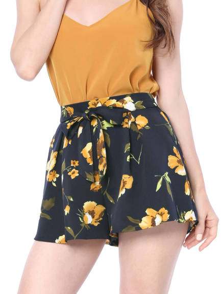 Allegra K - Printed Elastic Tie Waist Summer Beach Shorts