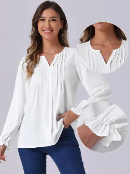 Allegra K - Split Neck Pleated Long Sleeve Blouse