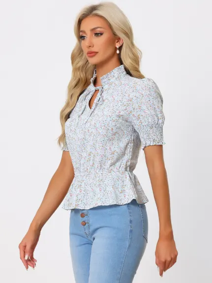 Allegra K - Ruffled Neck Summer Floral Peplum Top