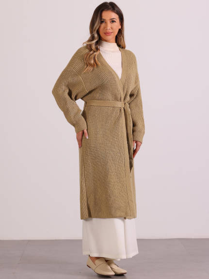 Allegra K - Open Front Sweater Belted Long Cardigan