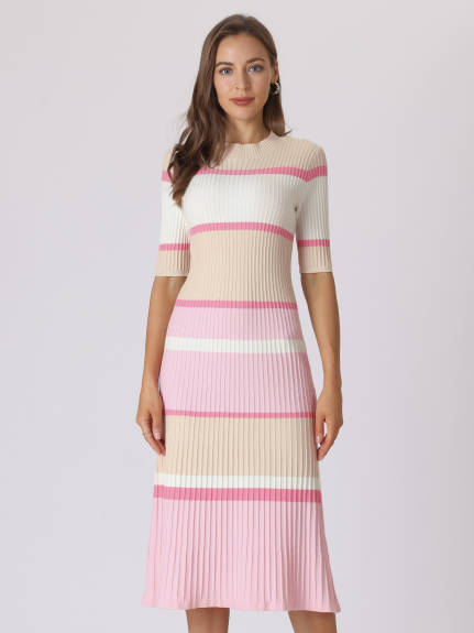 Hobemty- Short Sleeve Striped Knit A-Line Midi Dress