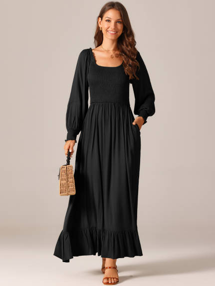 Allegra K - Scoop Neck Smocked Maxi Dress