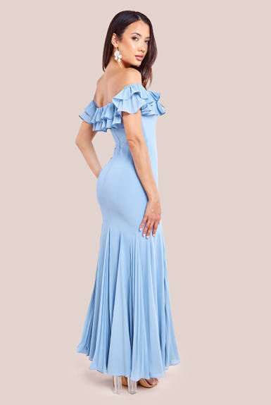 Goddiva - Frilled Off The Shoulder Pleated Chiffon Maxi Dress