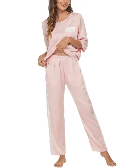 cheibear - Lace 3/4 Sleeves Lounge with Pants Pajama Set