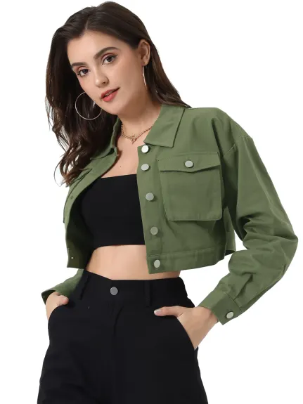 Allegra K- Button Long Sleeve Chambray Cargo Crop Jackets