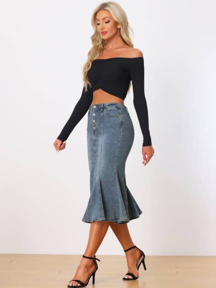 Allegra K- Washed Denim Fishtail Midi Skirt