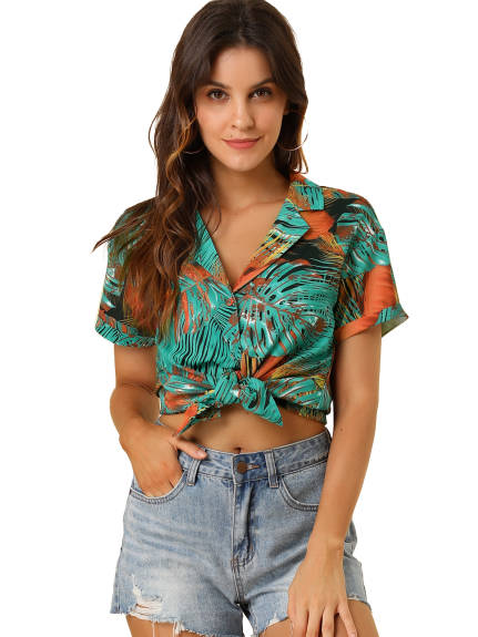 Allegra K- Beach Tropical Printed Button Down Shirt