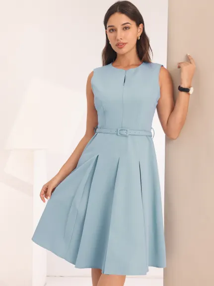 Hobemty- Sleeveless Zip Up Belted Fit and Flare Dress