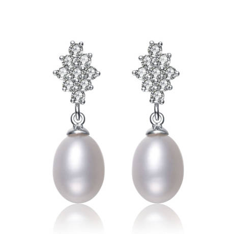 Genevive Sterling Silver White Gold Plated with Freshwater Pearl Dangle Earrings