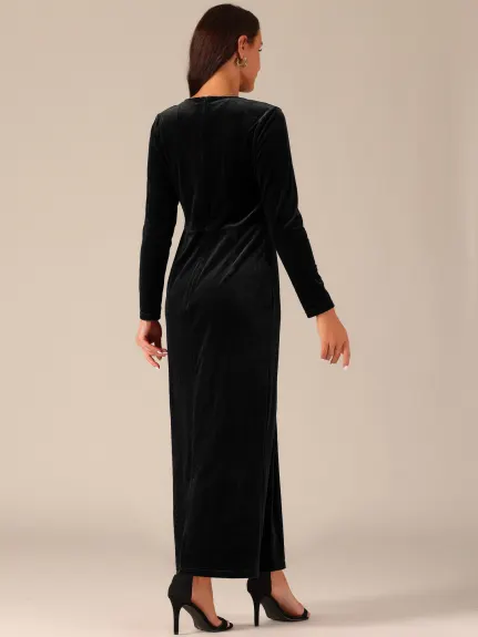 Allegra K - Elegant V-Neck Split Velvet Maxi Dress