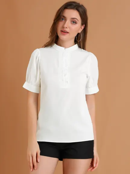 Allegra K - Puff Sleeve Chiffon Half Placket Top