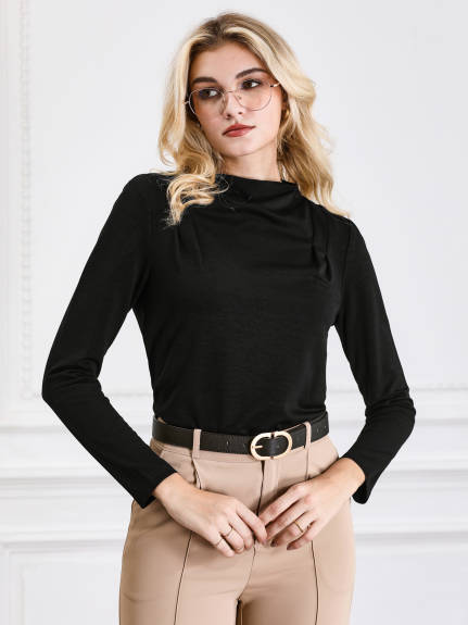 Hobemty - Long Sleeve Mock Neck Pleated Blouse