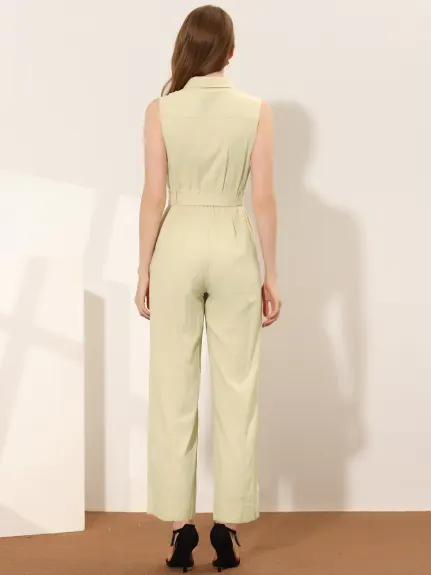 Allegra K- Sleeveless Collared Tie Waist Coverall Button Down Jumpsuit