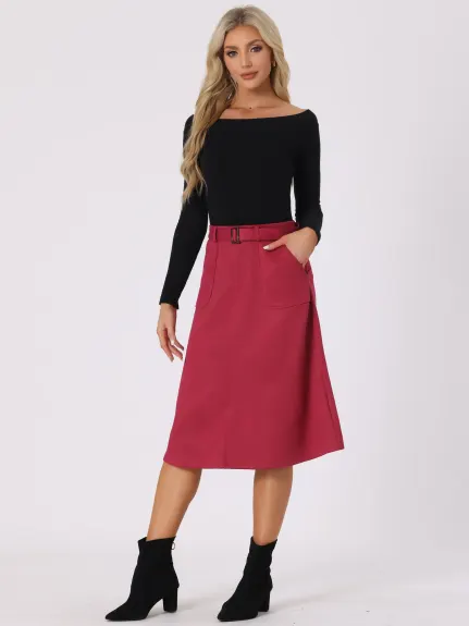 Allegra K- Faux Suede Pockets A-Line Midi Skirt