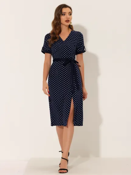 Allegra K- V Neck Polka Dots Button Decor Split Belted Dress