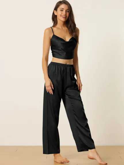 cheibear - Cowl Neck Crop Cami Top with Pants Lounge Set