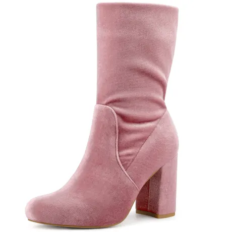 Allegra K- Round Toe Block Heels Foldable Mid Calf Boots