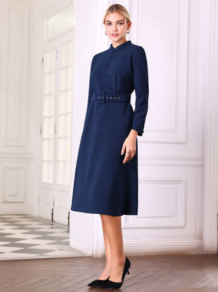 Hobemty - Mock Neck Belted A-Line Dress