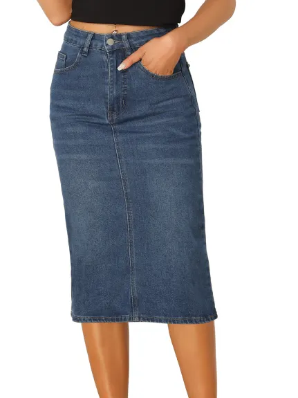 Allegra K- jupe Midi pour femme taille haute à dos fendu en Denim