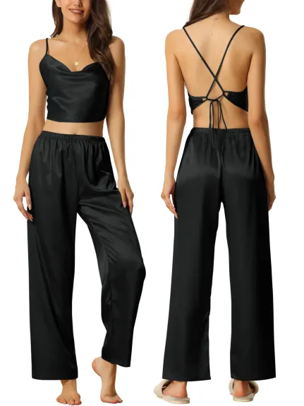 cheibear - Cowl Neck Crop Cami Top with Pants Lounge Set