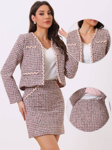 Allegra K- Plaid Tweed Blazer Jacket and Skirt Sets