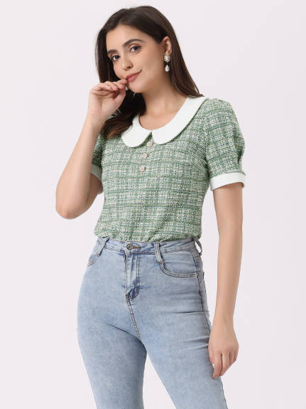 Allegra K- Peter Pan Collar Tweed Blouse