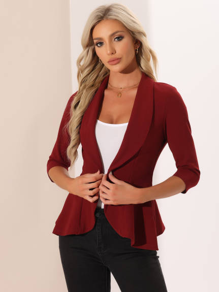 Allegra K - Open Front Draped Collar Ruffle Hem Blazer