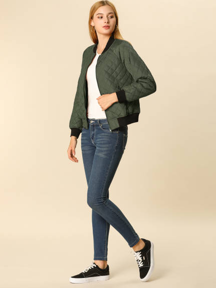 Allegra K- Stand Collar Raglan Sleeve Quilted Bomber Jacket