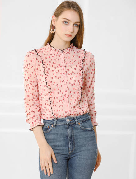 Allegra K- Dots Frill Trim Stand Collar Shirt